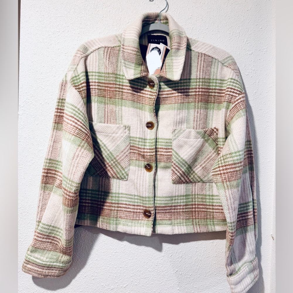 Timing Plaid Teddy Crop Jacket Cream Green Tan & Matching Shirt Size L NWT